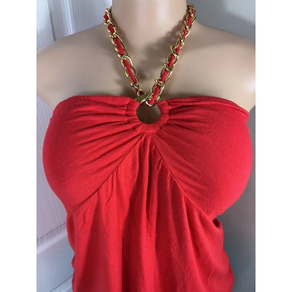 Michael Kors Womens Top Sz XL Red Sleeveless Halter keyhole chain Built in Bra